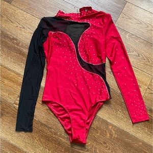 1 PC Red & Black long sleeve leotard with rhinestones, Washed & worn with tights